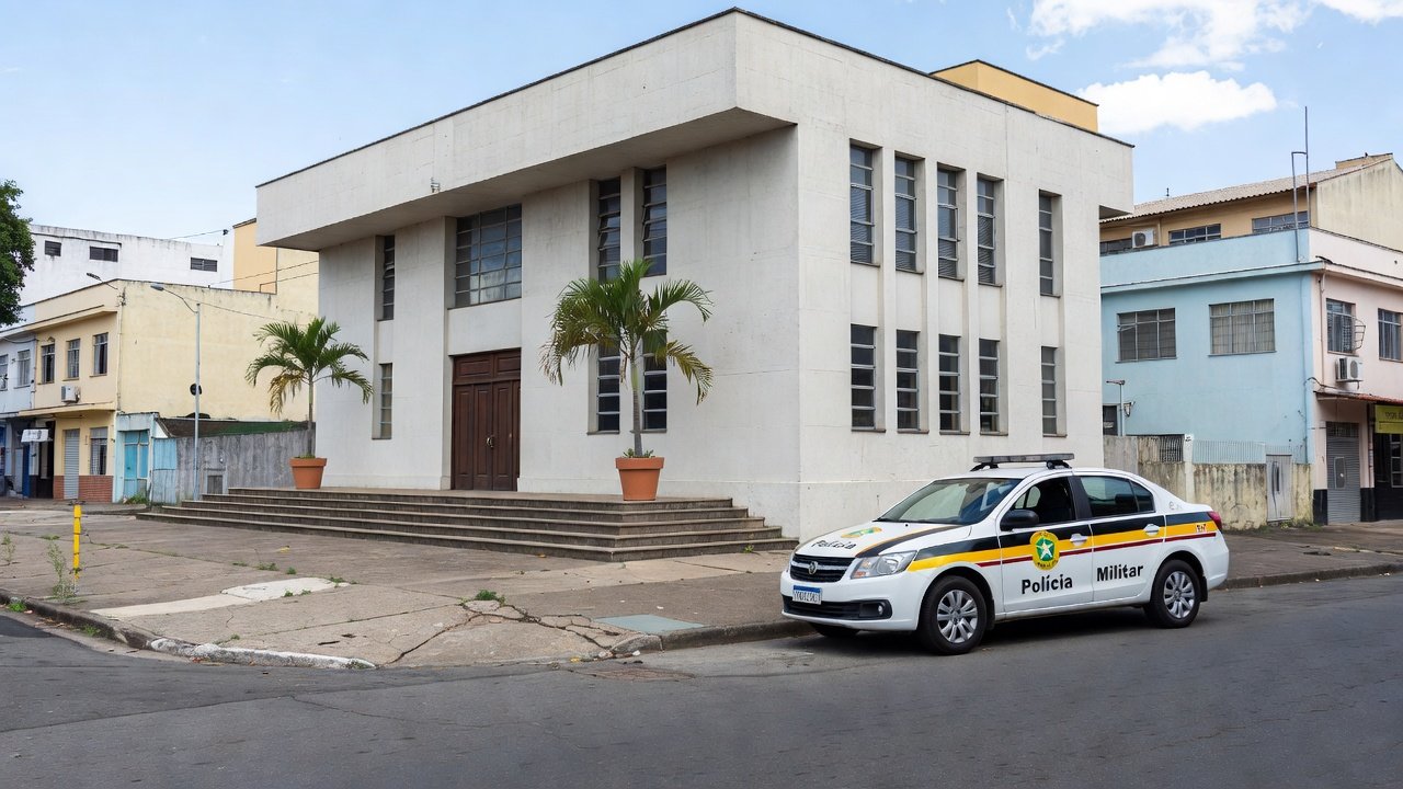 Viatura da Polícia Militar em frente a fórum de justiça no Brasil