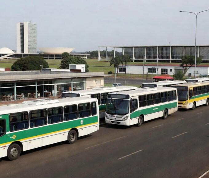 Ônibus de transporte gratuito do GDF em frente a restaurante comunitário em Brasília durante paralisação