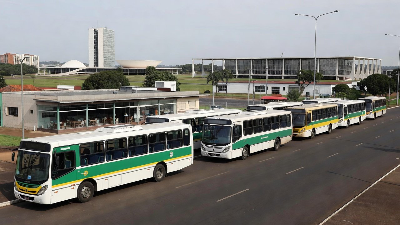Ônibus de transporte gratuito do GDF em frente a restaurante comunitário em Brasília durante paralisação