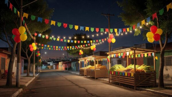Festa junina gratuita do Sesc em Taguatinga com bandeirinhas coloridas e iluminação festiva
