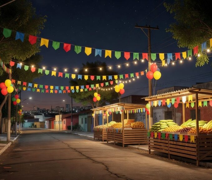 Festa junina gratuita do Sesc em Taguatinga com bandeirinhas coloridas e iluminação festiva