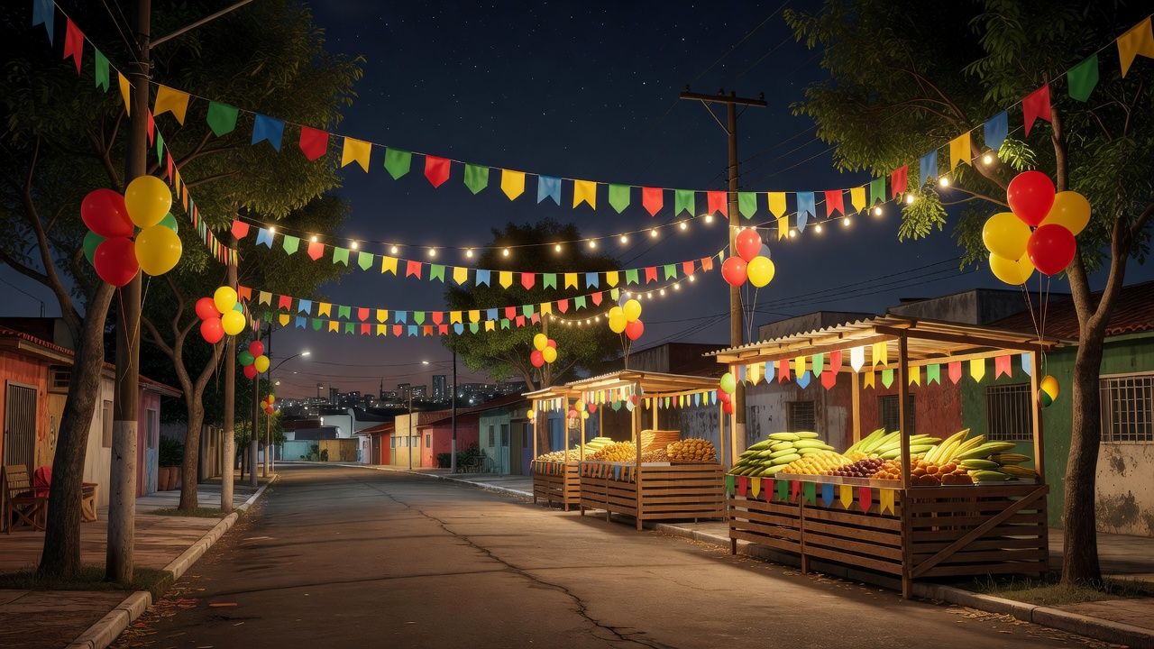 Festa junina gratuita do Sesc em Taguatinga com bandeirinhas coloridas e iluminação festiva