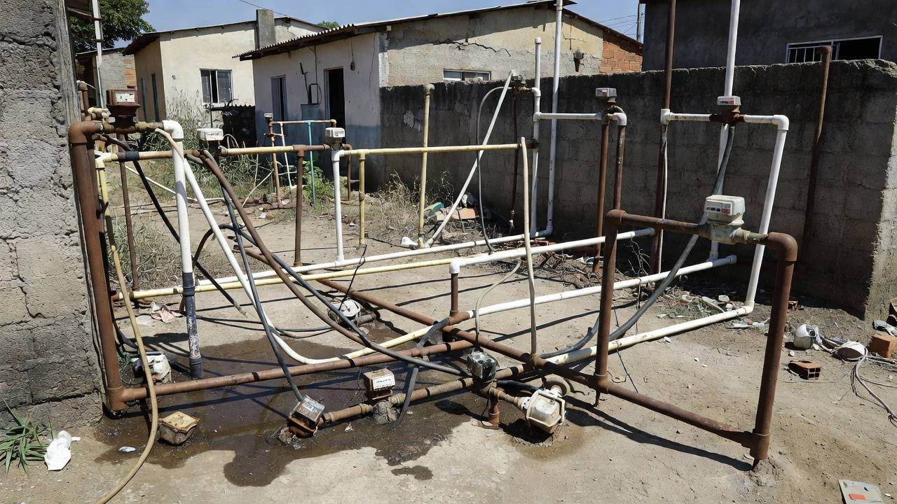 Tubulações irregulares de água em área pobre da Fercal, em Brasília