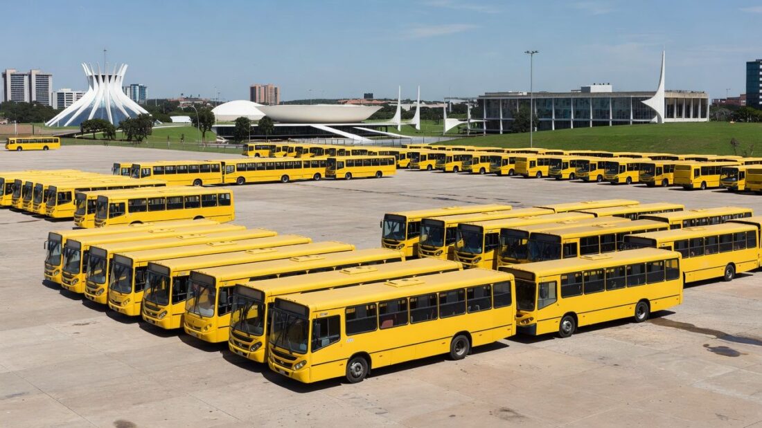 Frota de ônibus urbanos estacionados em pátio em Brasília