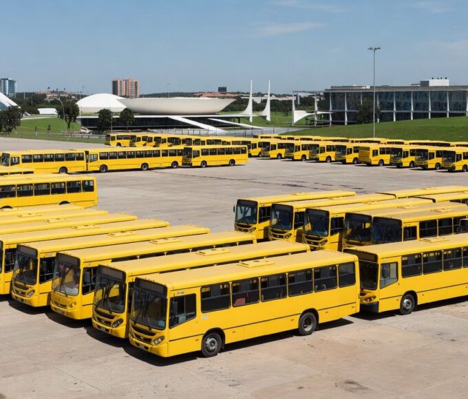 Frota de ônibus urbanos estacionados em pátio em Brasília