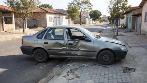 Carro danificado por tentativa de furto em Taguatinga Sul, Brasília