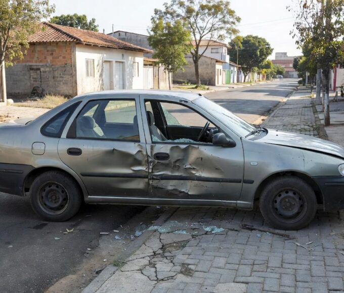 Carro danificado por tentativa de furto em Taguatinga Sul, Brasília