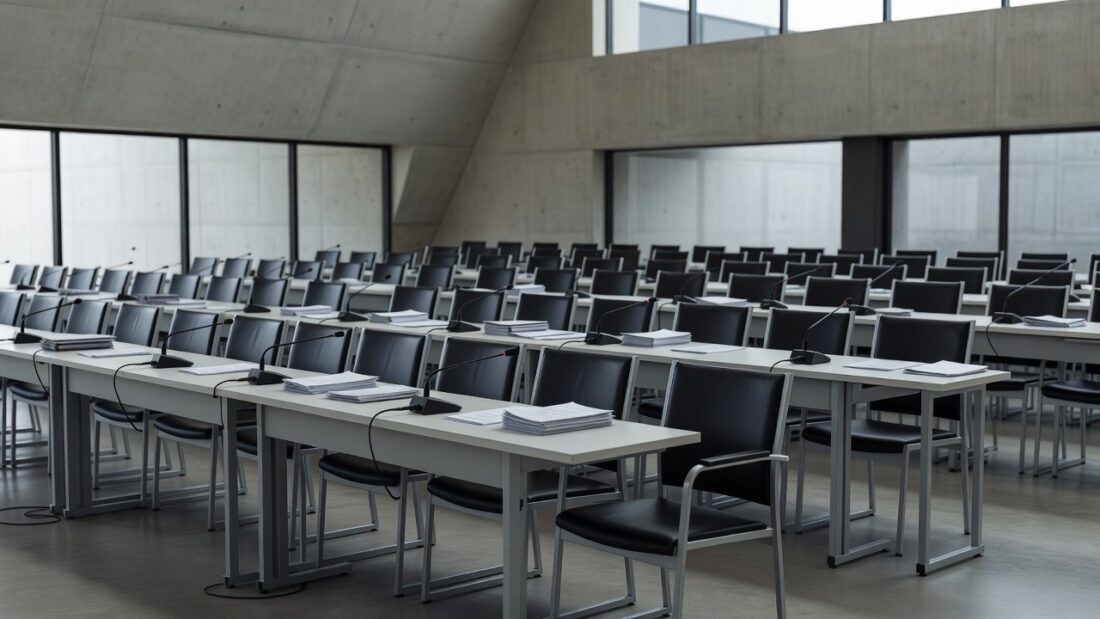 Sala de seminário vazia na CLDF em Brasília sobre paridade de gênero e integridade eleitoral