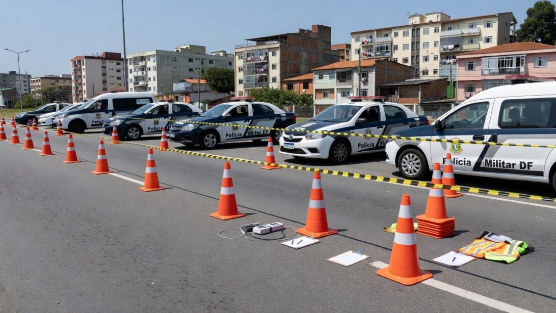 Blitz de trânsito com viaturas policiais em Taguatinga Sul