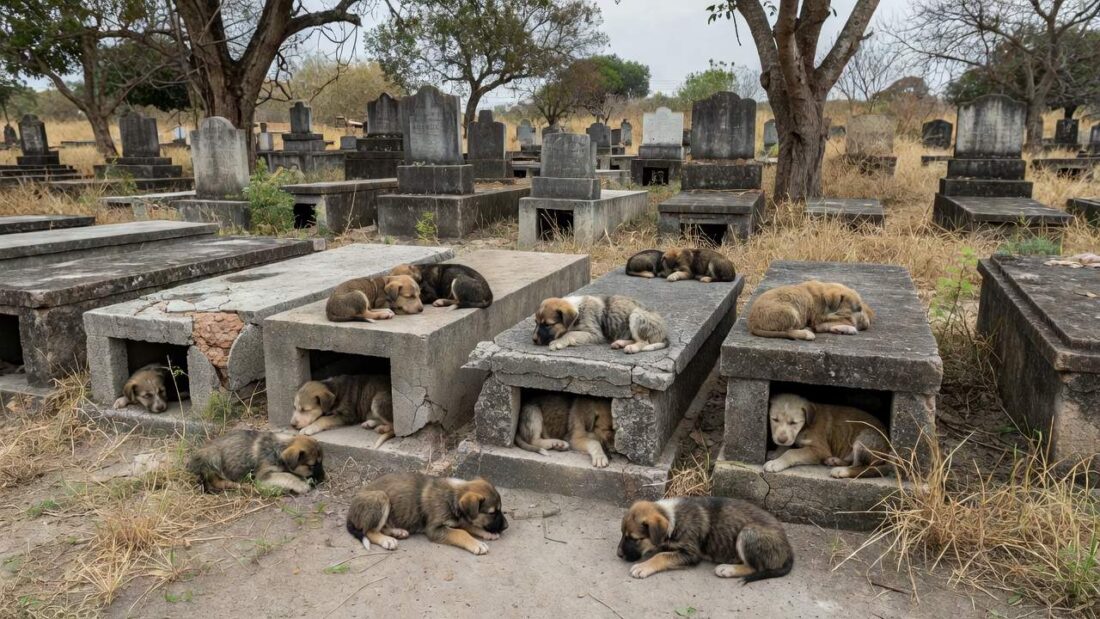 Filhotes de cães abandonados em túmulos de cemitério em Taguatinga