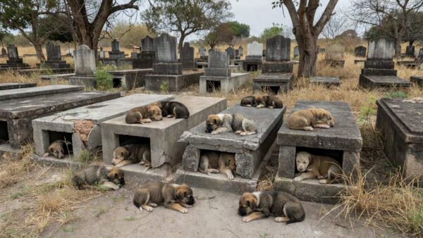 Filhotes de cães abandonados em túmulos de cemitério em Taguatinga