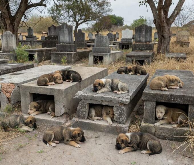 Filhotes de cães abandonados em túmulos de cemitério em Taguatinga