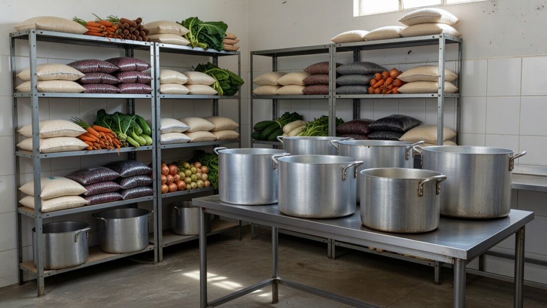 Mesa com pratos vazios em refeitório comunitário no DF em meio à crise de fome