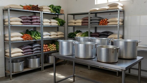 Mesa com pratos vazios em refeitório comunitário no DF em meio à crise de fome
