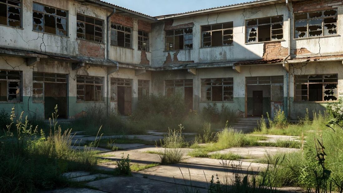 Escola pública precária no DF com fachadas deterioradas após décadas de negligência