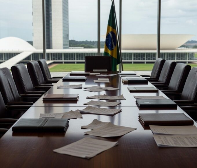Sala de reuniões em Brasília com mesa e documentos após encontro político sem acordo