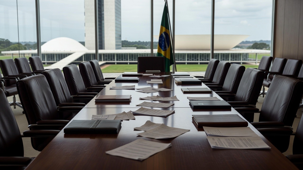 Sala de reuniões em Brasília com mesa e documentos após encontro político sem acordo