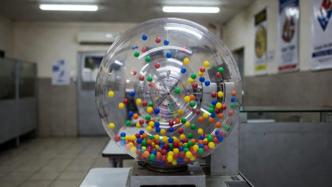 Máquina de sorteio Timemania com bolas representando prêmio acumulado de R$ 6 milhões