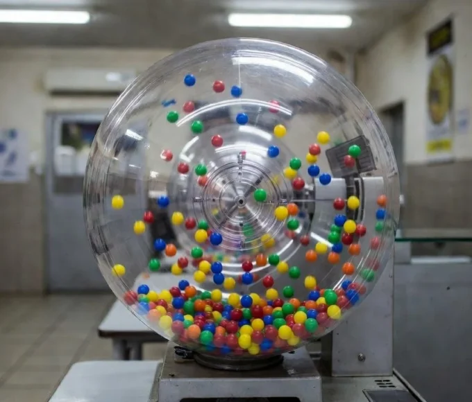 Máquina de sorteio Timemania com bolas representando prêmio acumulado de R$ 6 milhões