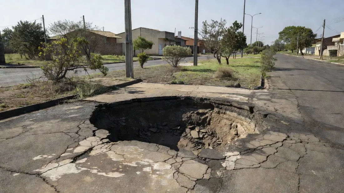 Cratera na calçada em Taguatinga após vazamento