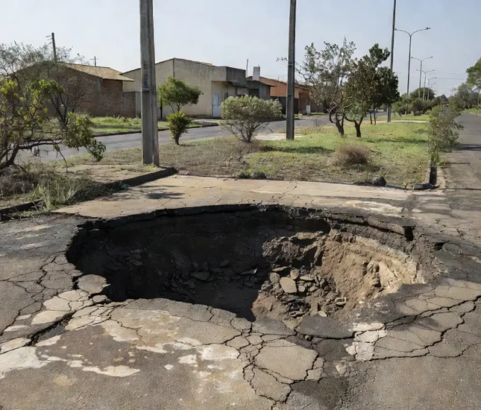 Cratera na calçada em Taguatinga após vazamento
