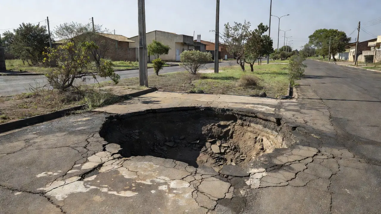 Cratera na calçada em Taguatinga após vazamento
