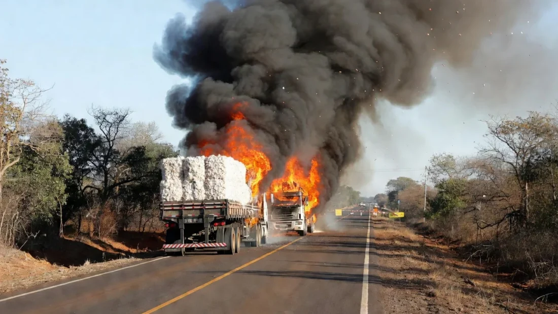 Incêndio destrói carretas de algodão na DF-130 no Distrito Federal