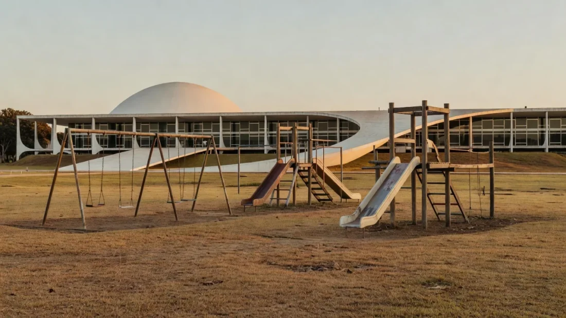 Edifício da Câmara do DF com parque infantil vazio simbolizando negligência em políticas para a primeira infância