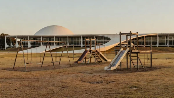 Edifício da Câmara do DF com parque infantil vazio simbolizando negligência em políticas para a primeira infância