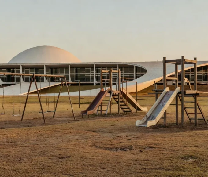 Edifício da Câmara do DF com parque infantil vazio simbolizando negligência em políticas para a primeira infância