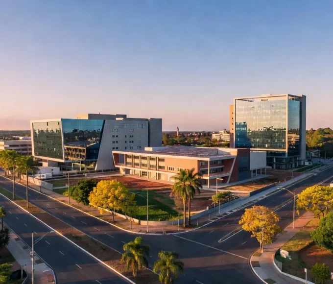 Vista panorâmica de Taguatinga com foco em saúde, educação e empregos