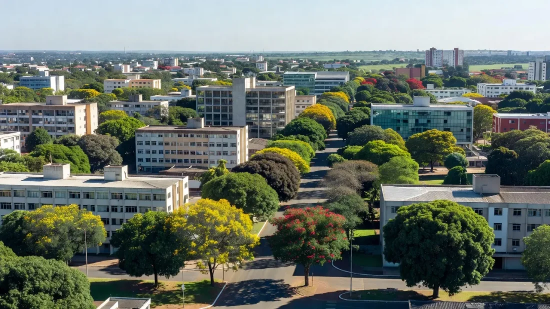 Vista urbana de Taguatinga em Brasília com edifícios e ruas.