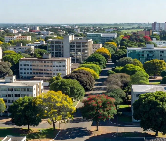 Vista urbana de Taguatinga em Brasília com edifícios e ruas.