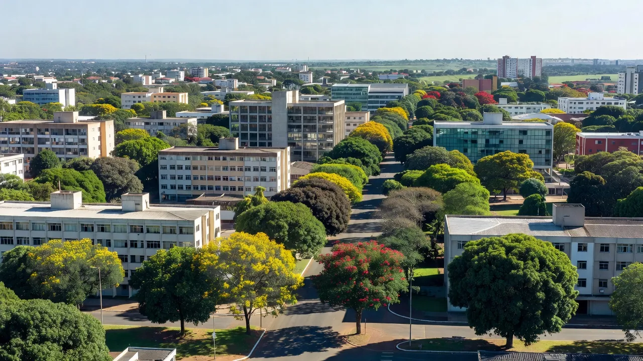 Vista urbana de Taguatinga em Brasília com edifícios e ruas.