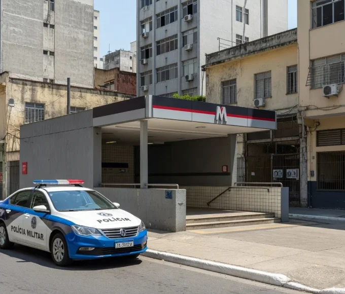 Viatura policial em frente a estação de metrô em São Paulo