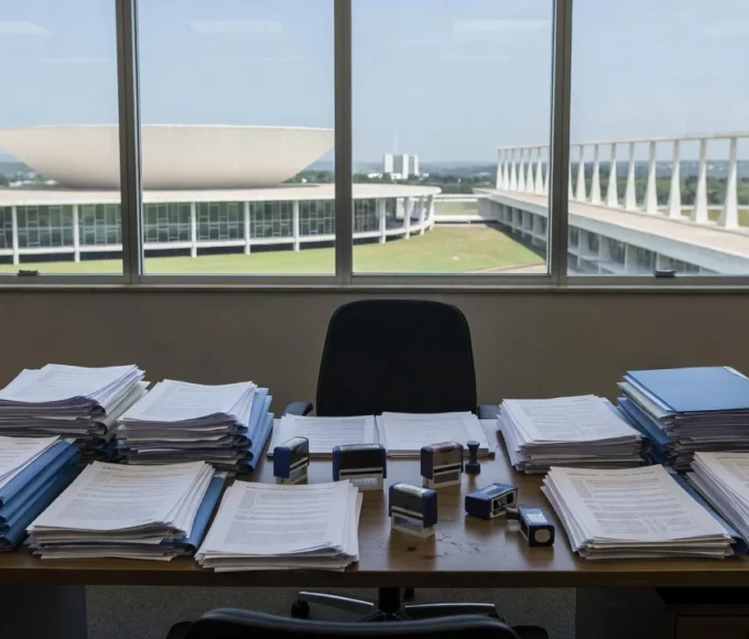 Pilhas de documentos em arquivo público brasileiro representando burocracia nas emendas parlamentares