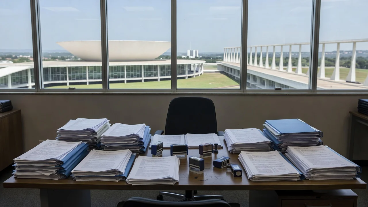 Pilhas de documentos em arquivo público brasileiro representando burocracia nas emendas parlamentares