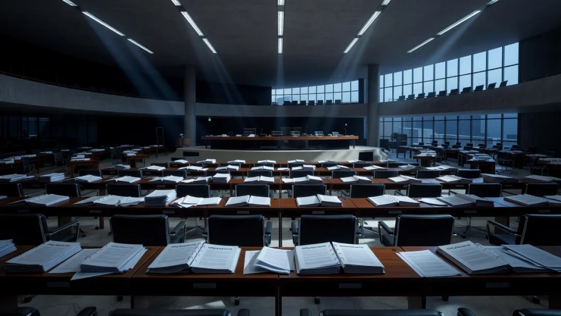 Plenário da CLDF com documentos orçamentários representando crise com o Planalto