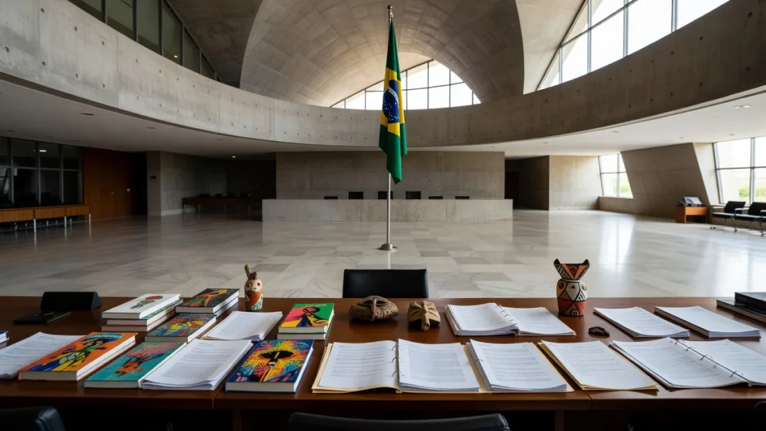Sala de sabatina no Congresso Nacional com documentos sobre economia criativa