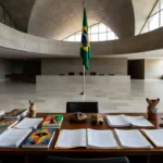 Sala de sabatina no Congresso Nacional com documentos sobre economia criativa