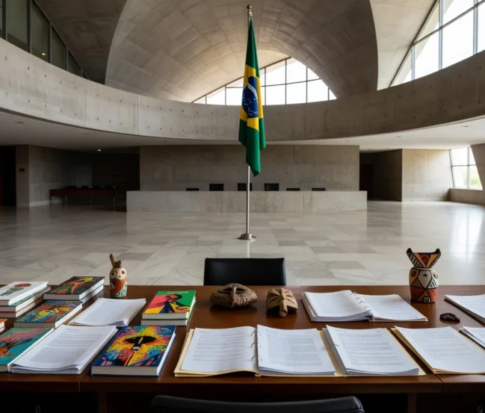 Sala de sabatina no Congresso Nacional com documentos sobre economia criativa