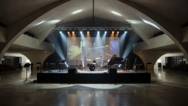 Palco iluminado em centro cultural de Brasília para evento do Sesc-DF