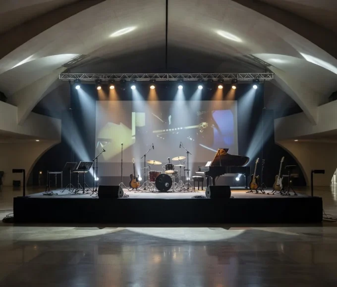 Palco iluminado em centro cultural de Brasília para evento do Sesc-DF