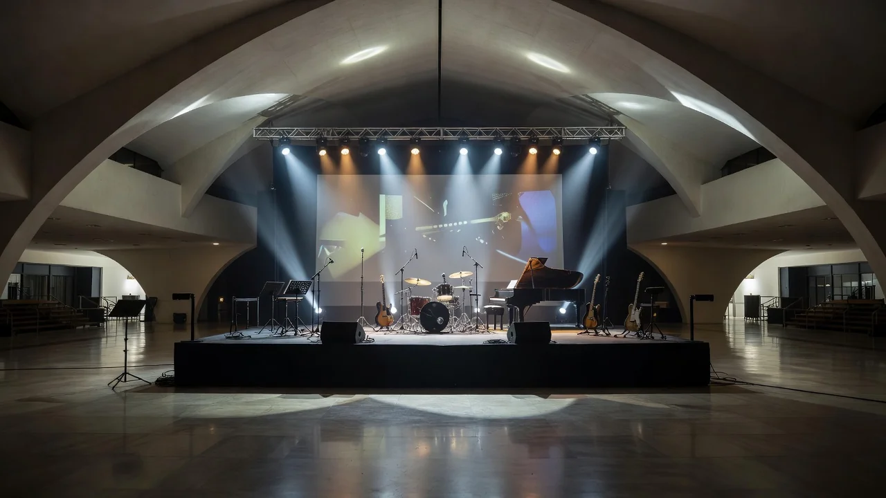 Palco iluminado em centro cultural de Brasília para evento do Sesc-DF