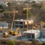 Canteiro de obras paralisado em Taguatinga, DF, ilustrando lentidão de projetos públicos.