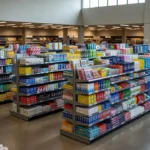 Ambiente interno de loja de departamentos com prateleiras e materiais de campanha