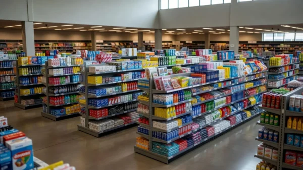Ambiente interno de loja de departamentos com prateleiras e materiais de campanha