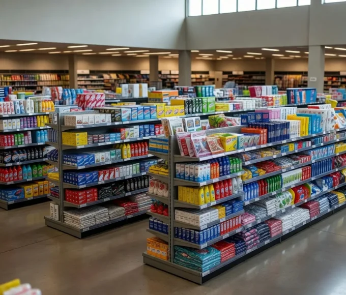 Ambiente interno de loja de departamentos com prateleiras e materiais de campanha